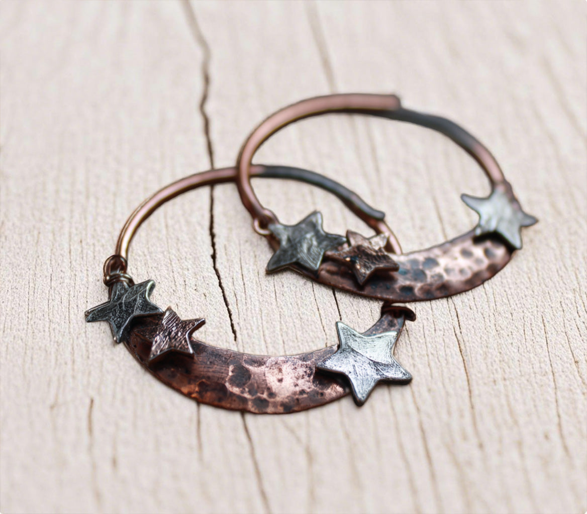 Rustic Hammered Copper Hoop Earrings with Silver Star Accents