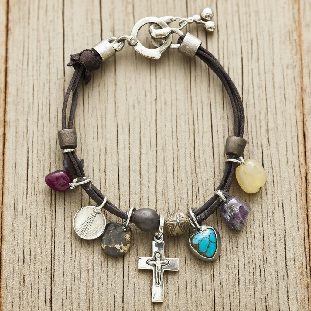 Boho Leather Charm Bracelet – Natural Stone Beads with Cross Pendant & Spiritual Charms