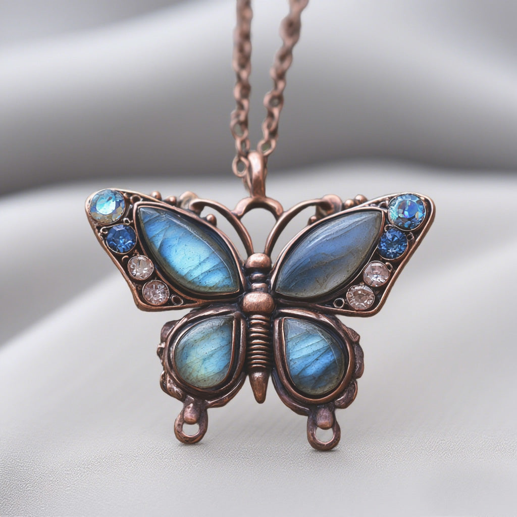 Vintage Blue Labradorite Butterfly Necklace – Handmade Boho Pendant with Crystals and Copper-Tone Finish