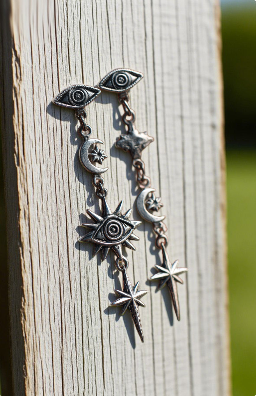 Celestial Eye Drop Earrings – Moon, Star & Eye Dangle Earrings in Antique Silver