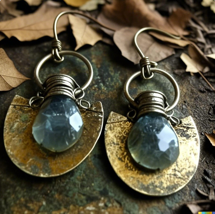 Vintage Boho Drop Earrings – Faceted Blue Crystal with Hammered Brass Fan Charms