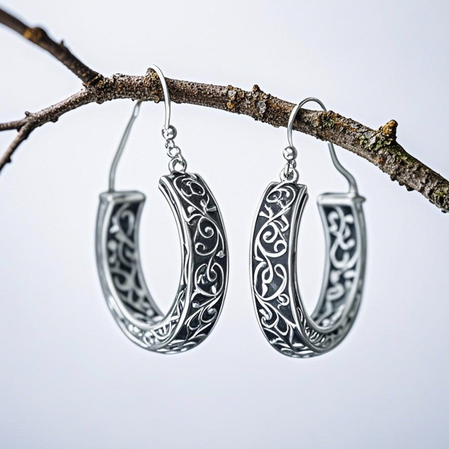 Vintage-Inspired Carved Silver Hoop Earrings