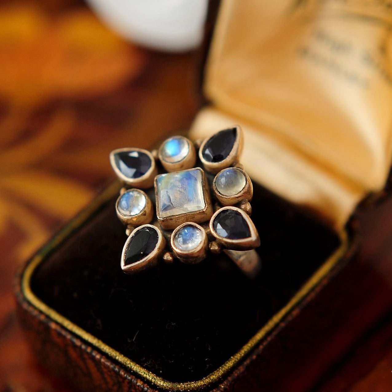 Boho Vintage Statement Ring – Moonstone & Black Onyx Floral Cluster in Antique Bronze Setting