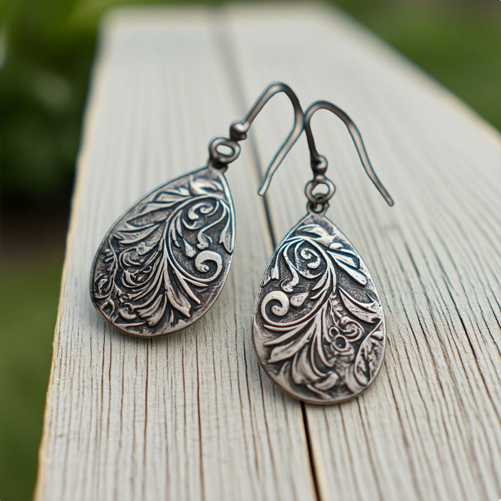 Vintage Teardrop Earrings – Antique Floral Engraved Dangle Design