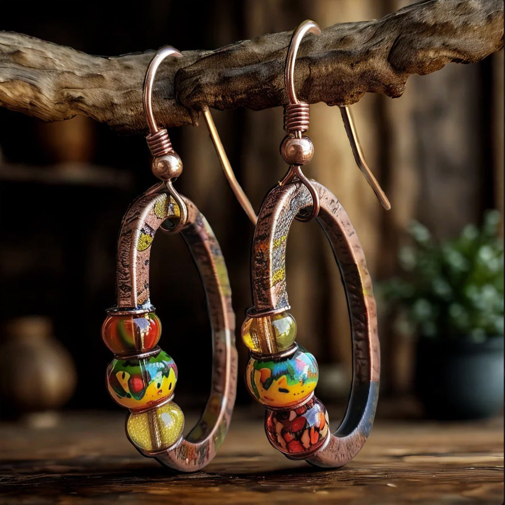 Handcrafted Boho Hoop Earrings – Rustic Copper with Colorful Art Glass Beads
