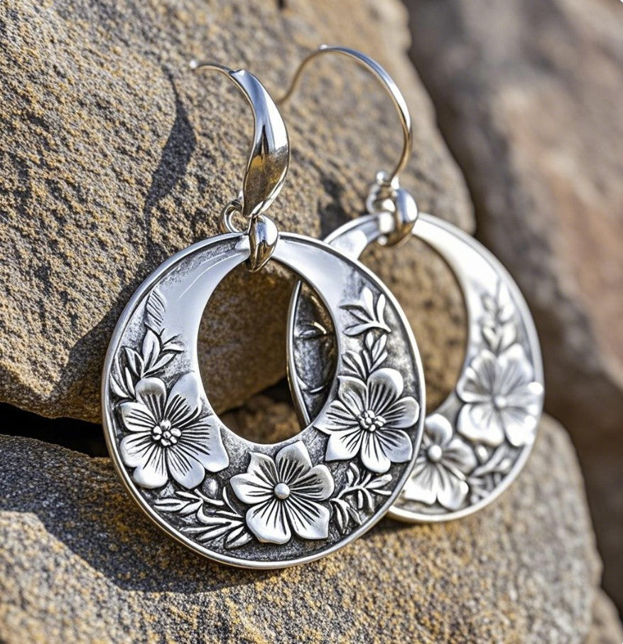 Floral Engraved Silver Crescent Hoop Earrings