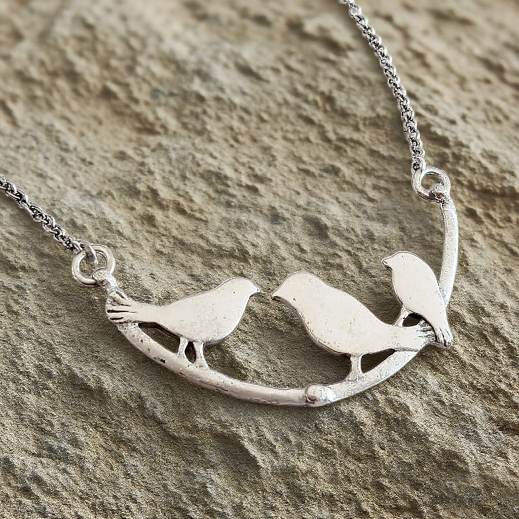 Sterling Silver Birds on Branch Necklace – Family-Inspired Nature Pendant Jewelry for Women & Girls