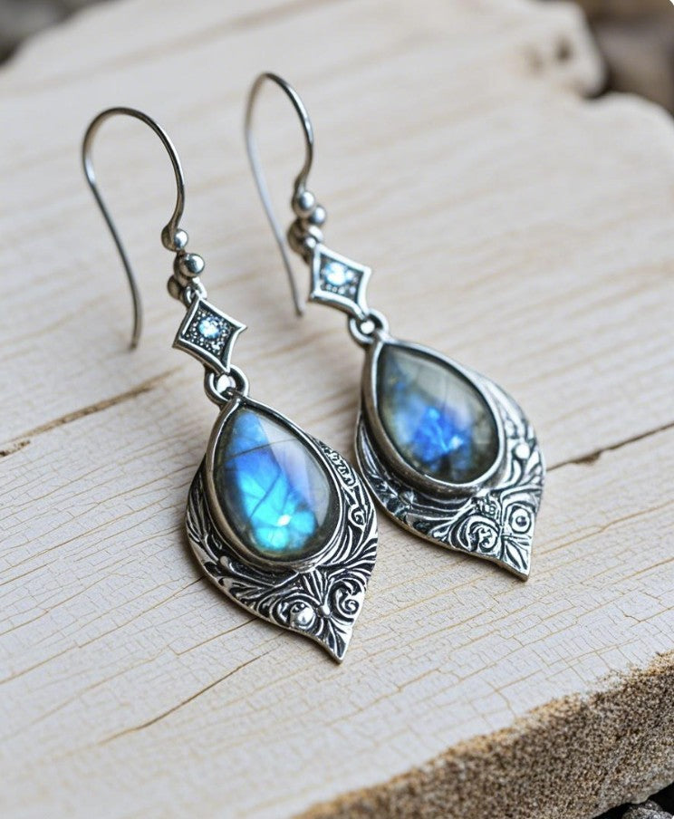 Mystic Blue Teardrop Earrings with Ornate Vintage Filigree