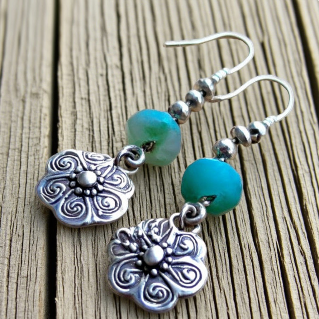 Boho Silver Floral Dangle Earrings with Aqua Beads – Handmade Vintage-Inspired Jewelry