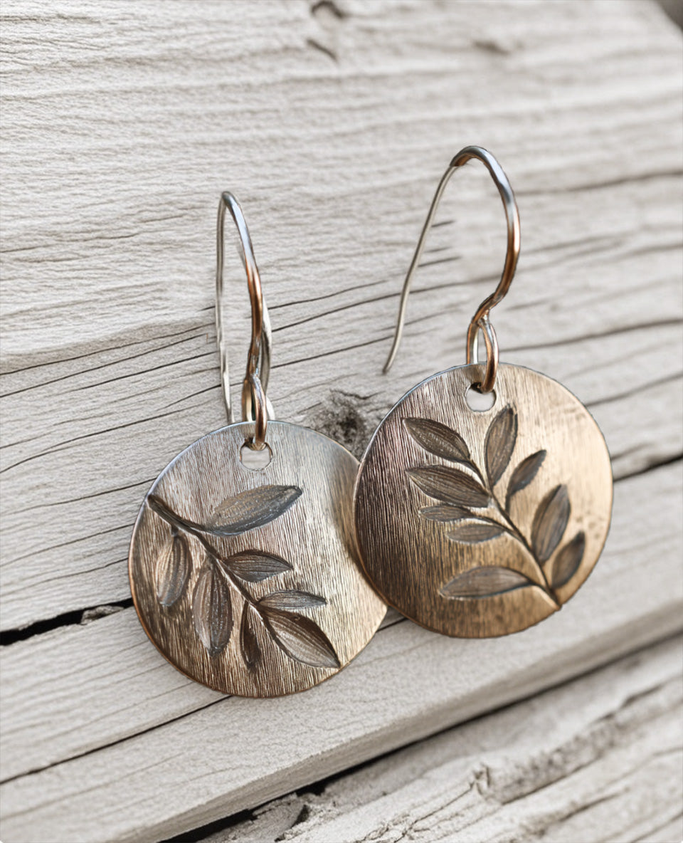 Botanical Etched Disc Earrings – Handcrafted Silver-Tone Leaf Medallion Dangles
