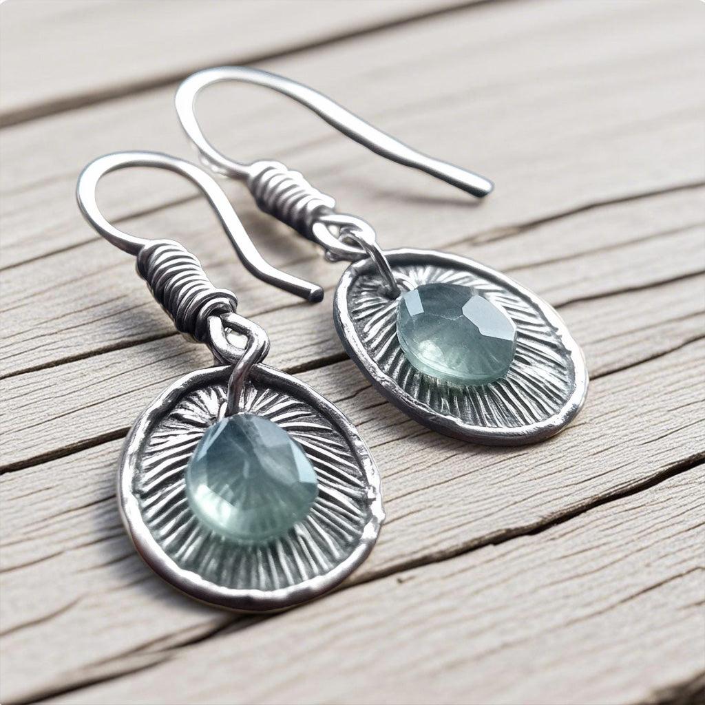 Handcrafted  Silver Drop Earrings – Faceted Aqua Gem with Sunburst Texture