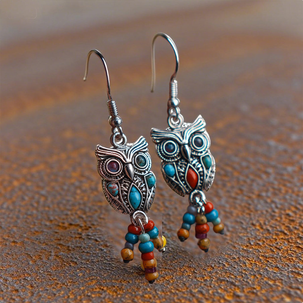 Boho Owl Dangle Earrings with Colorful Beaded Tassels