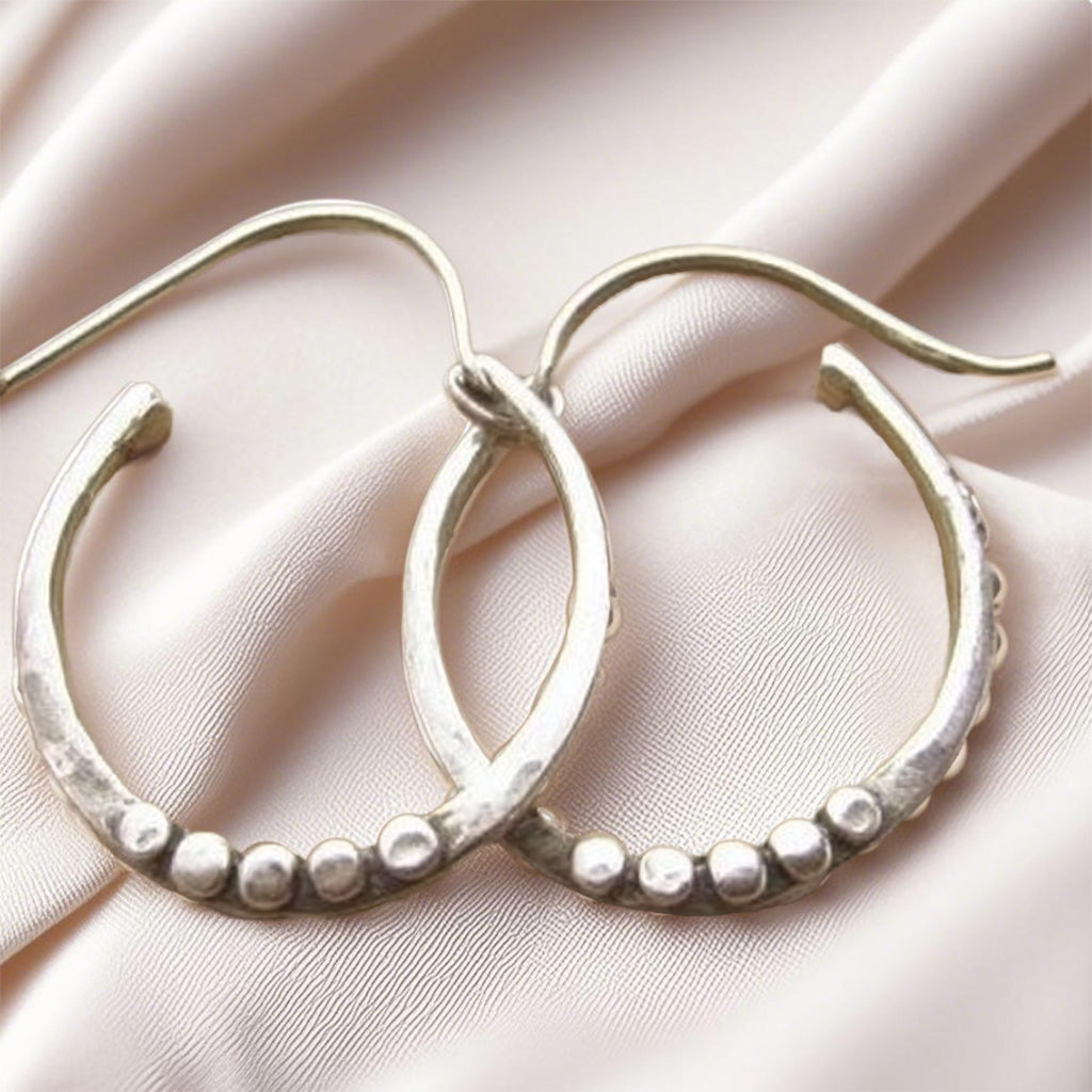 Minimalist  Silver Drop Earrings – Handcrafted Organic Oval Hoops with Dot Detail
