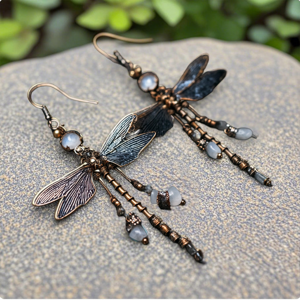 Vintage-Inspired Dragonfly Earrings with Moonstone and Agate Accents