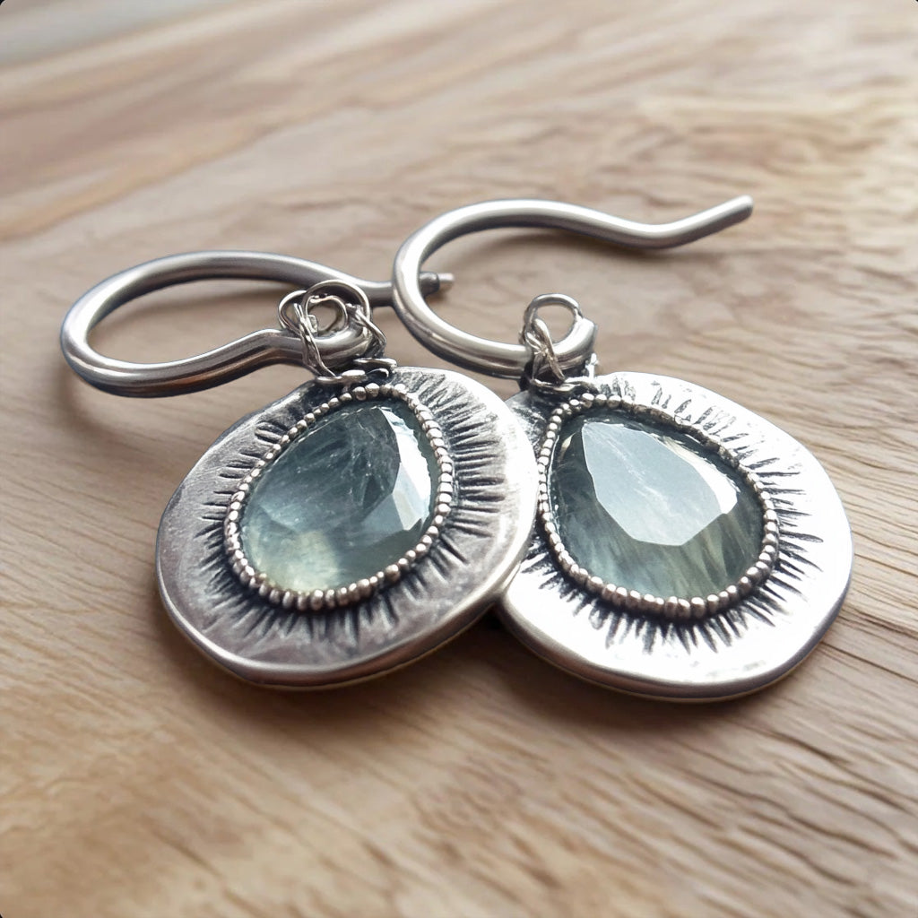 Elegant  Silver Teardrop Earrings – Faceted Gemstone Drops with Sunburst Detailing