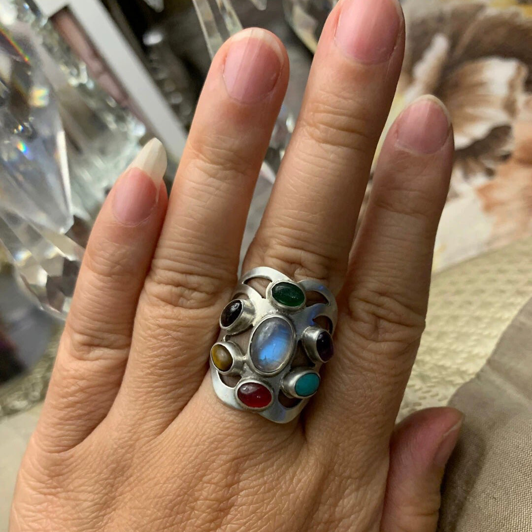 Handcrafted Sterling Silver Multi-Gemstone Ring with Unique Design