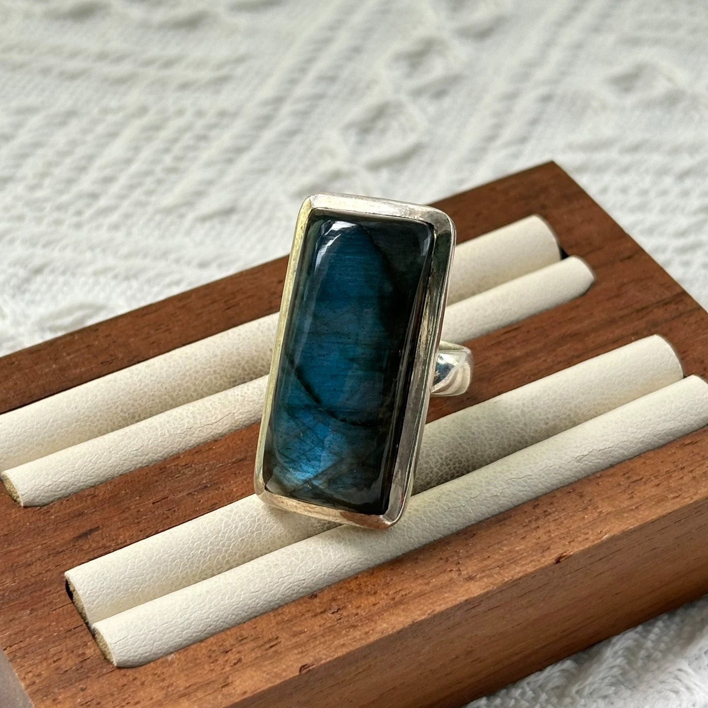 Elegant Labradorite Sterling Silver Ring with Bold Rectangular Cut