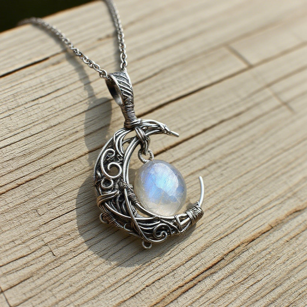 Handcrafted Crescent Moon Necklace with Rainbow Moonstone – Wire Wrapped Silver Lunar Pendant
