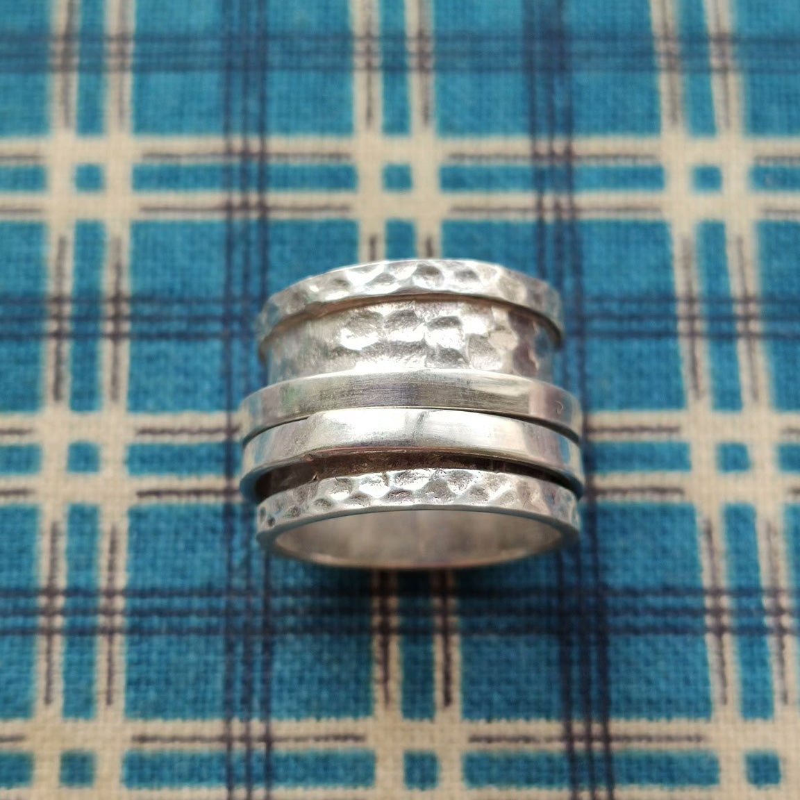 Hammered Sterling Silver Spinner Ring – Wide Band Meditation Ring with Triple Spinning Bands