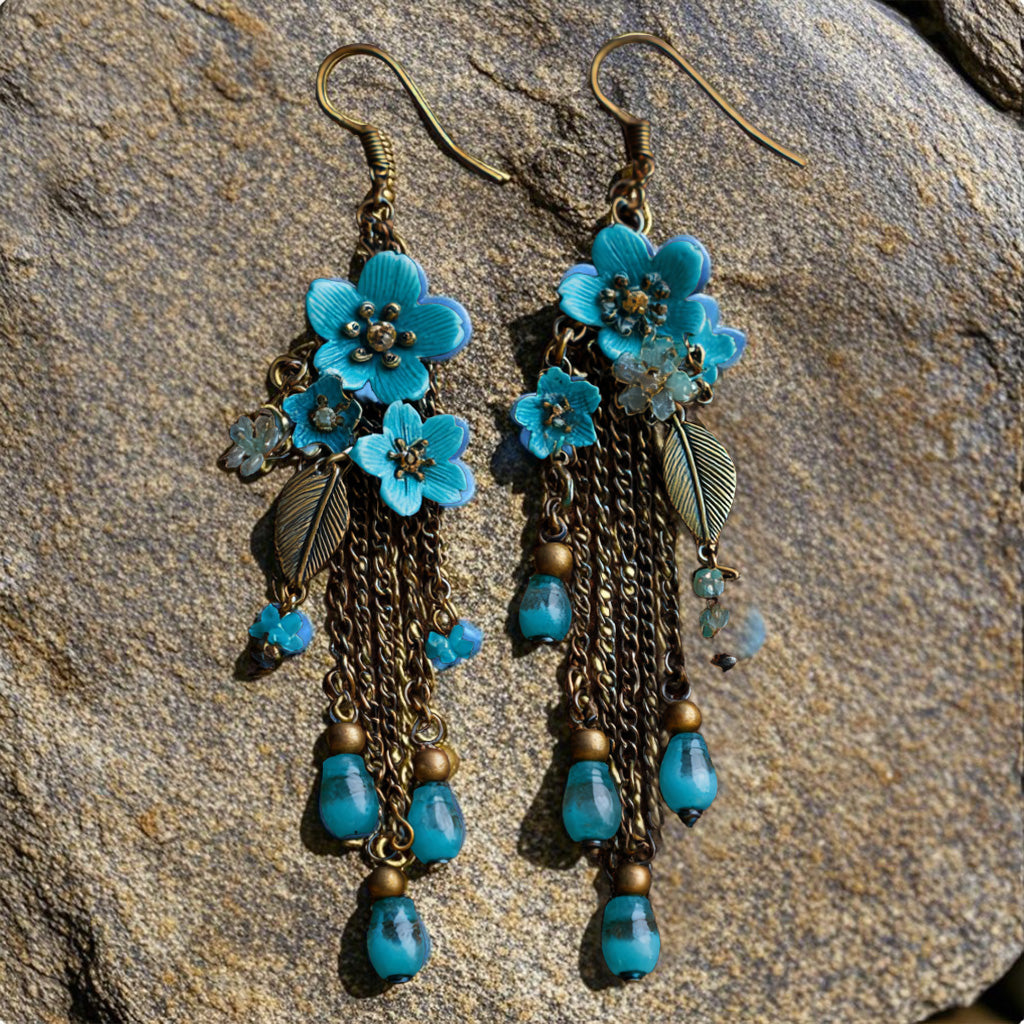 Bohemian Blue Floral Tassel Earrings