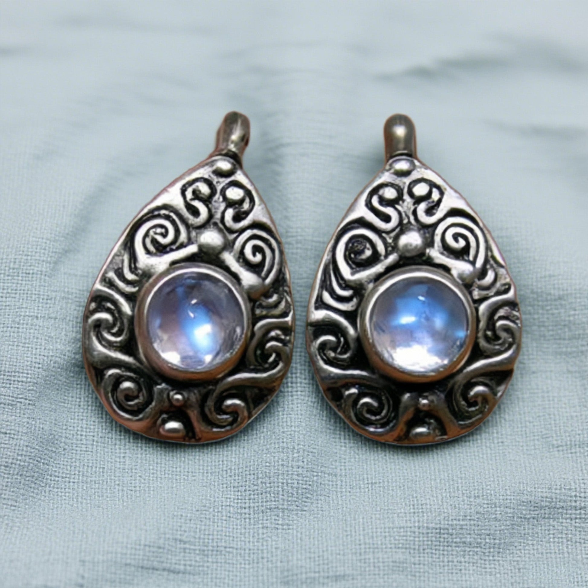 Moonstone Teardrop Earrings – Vintage Boho Sterling Silver Swirl Design Goddess Jewelry