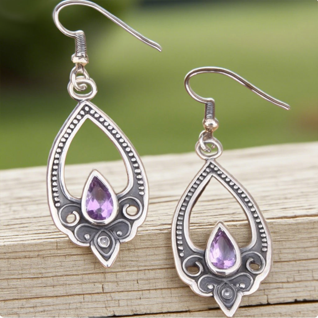 Vintage Teardrop Amethyst Earrings – Boho Filigree Drop Design in Antique Silver