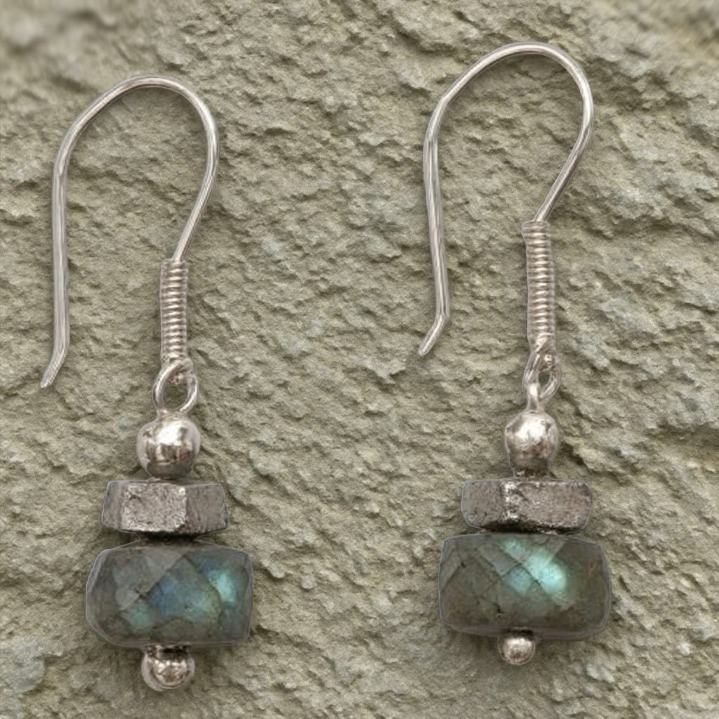 Minimalist Labradorite Drop Earrings with Silver Accents – Handmade Rustic Elegance