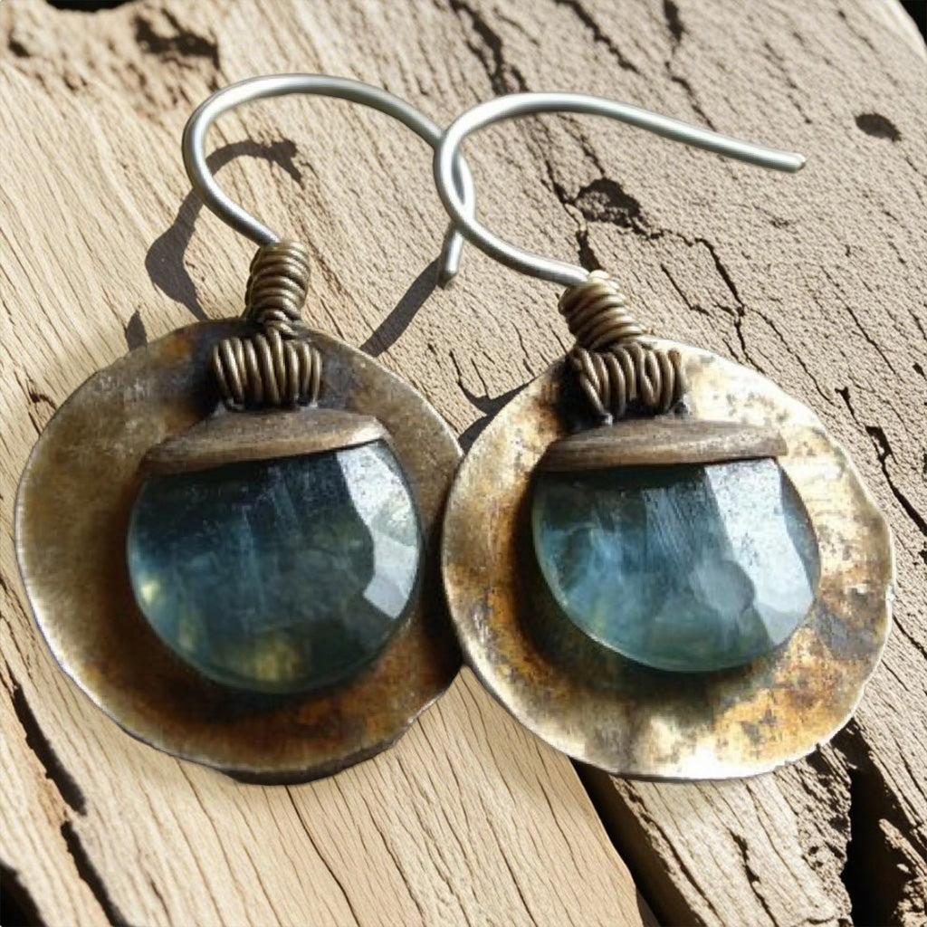 Rustic Boho Circle Earrings – Faceted Blue Gemstone Drops with Aged Brass Discs