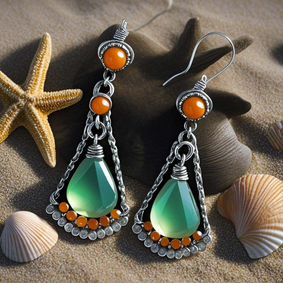 Elegant Silver Teardrop Earrings with Green and Orange Accents