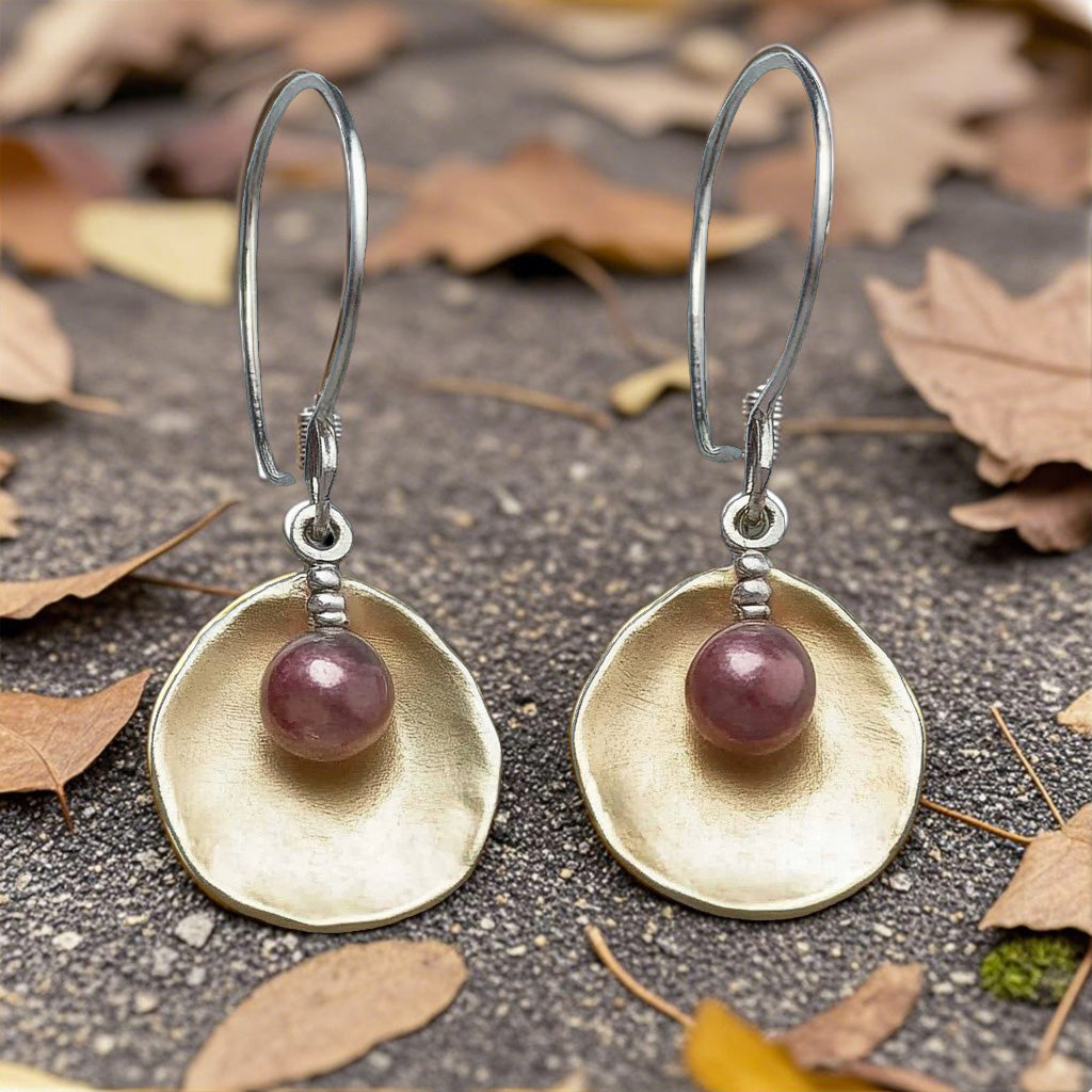 Modern Organic Drop Earrings – Gold Hammered Disc with Plum Bead