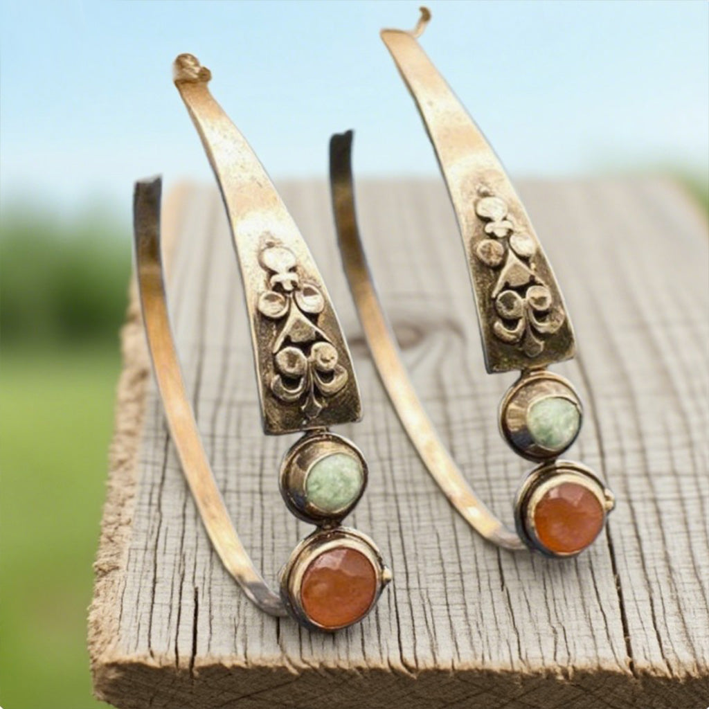 Rustic Gemstone Hoop Earrings – Vintage Bronze Floral Design with Dual Stone Accents