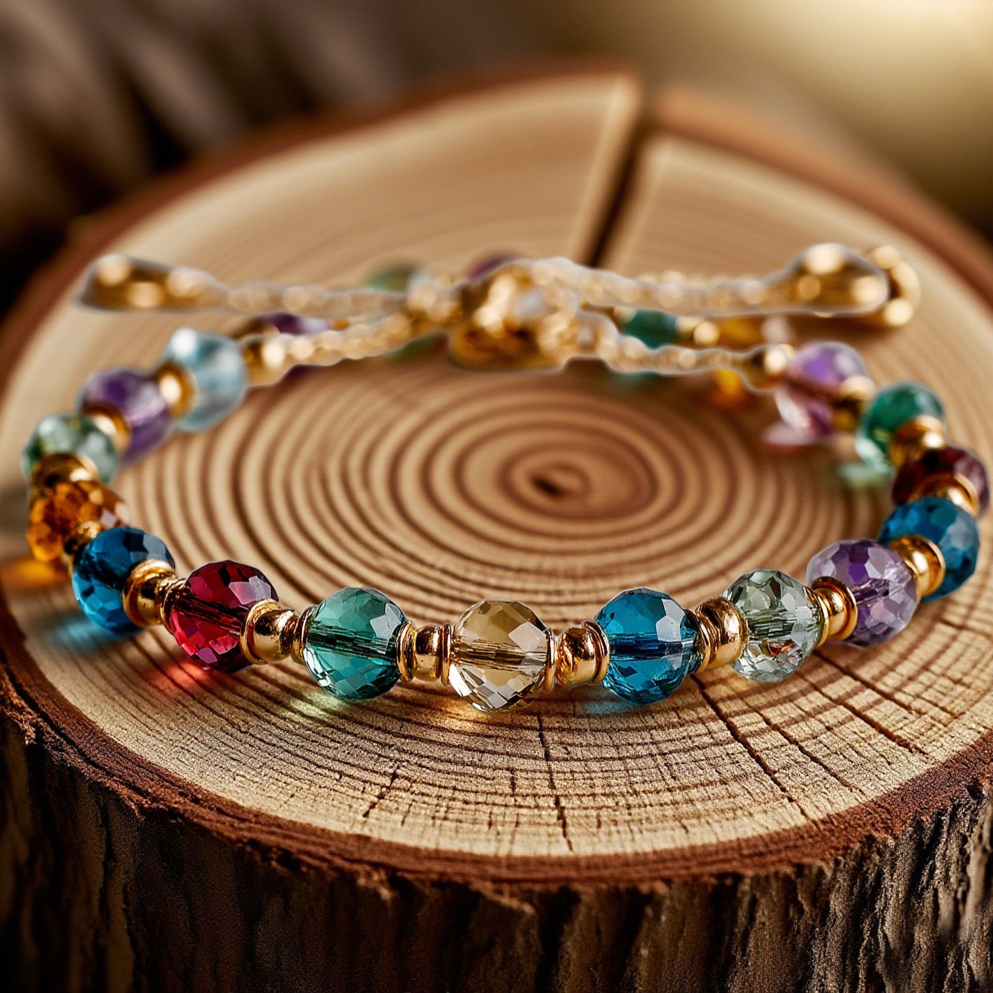 Multicolor Crystal Beaded Bracelet – Adjustable Gold-Tone Boho Chic Jewelry