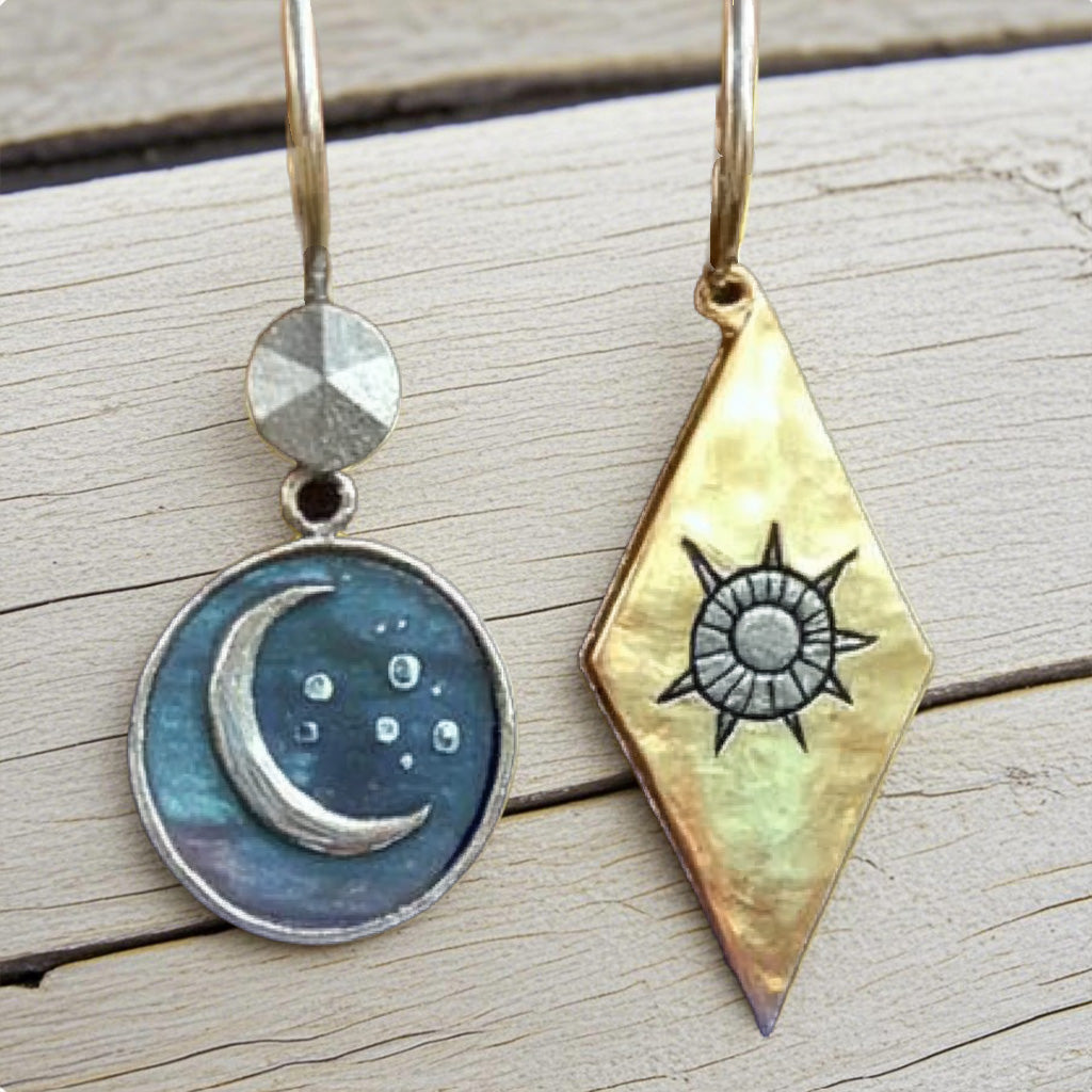 Sun & Moon Mismatched Earrings – Celestial Mixed Metal Dangles with Night and Day Design