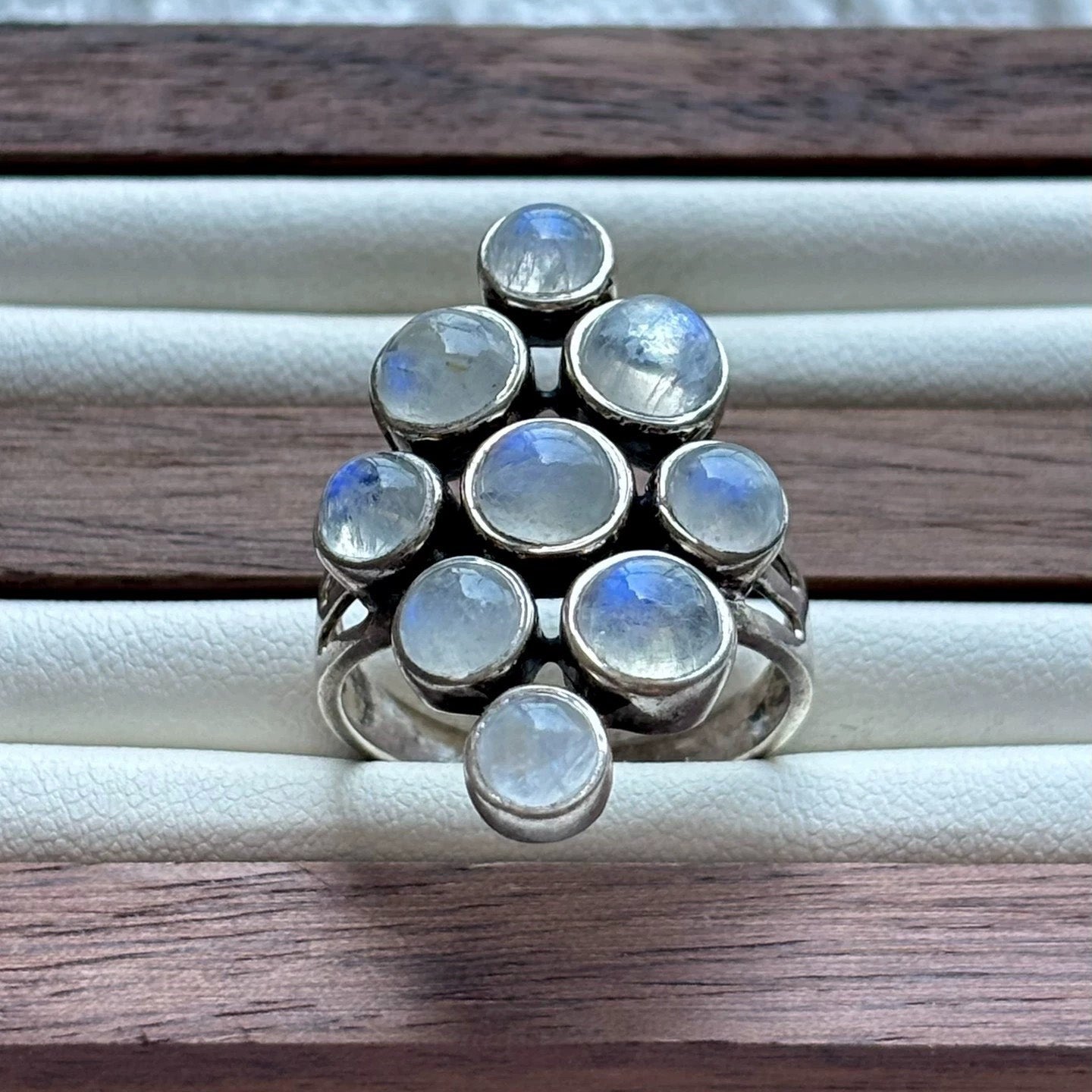 Moonstone Cluster Statement Ring – Sterling Silver Nine-Stone Celestial Goddess Ring