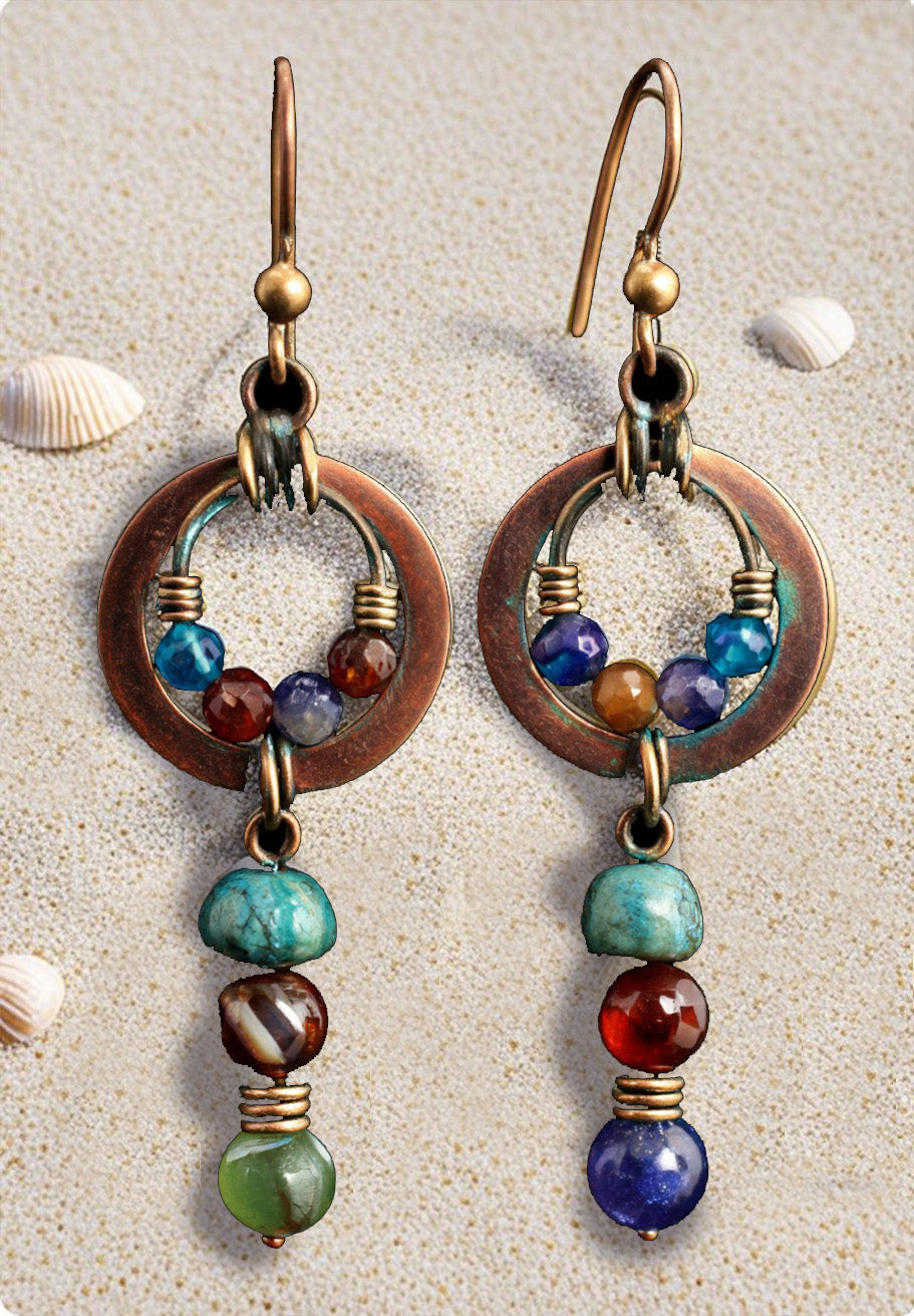 Boho Multicolor Gemstone Dangle Earrings – Vintage Bronze Hoop Earrings with Natural Stone Beads