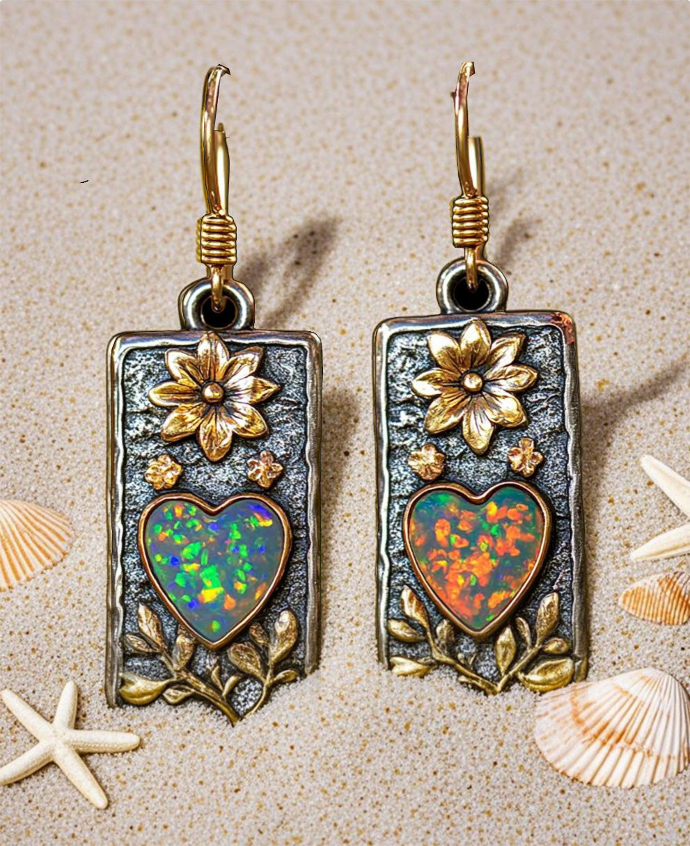 Handcrafted Vintage Floral Heart Opal Earrings