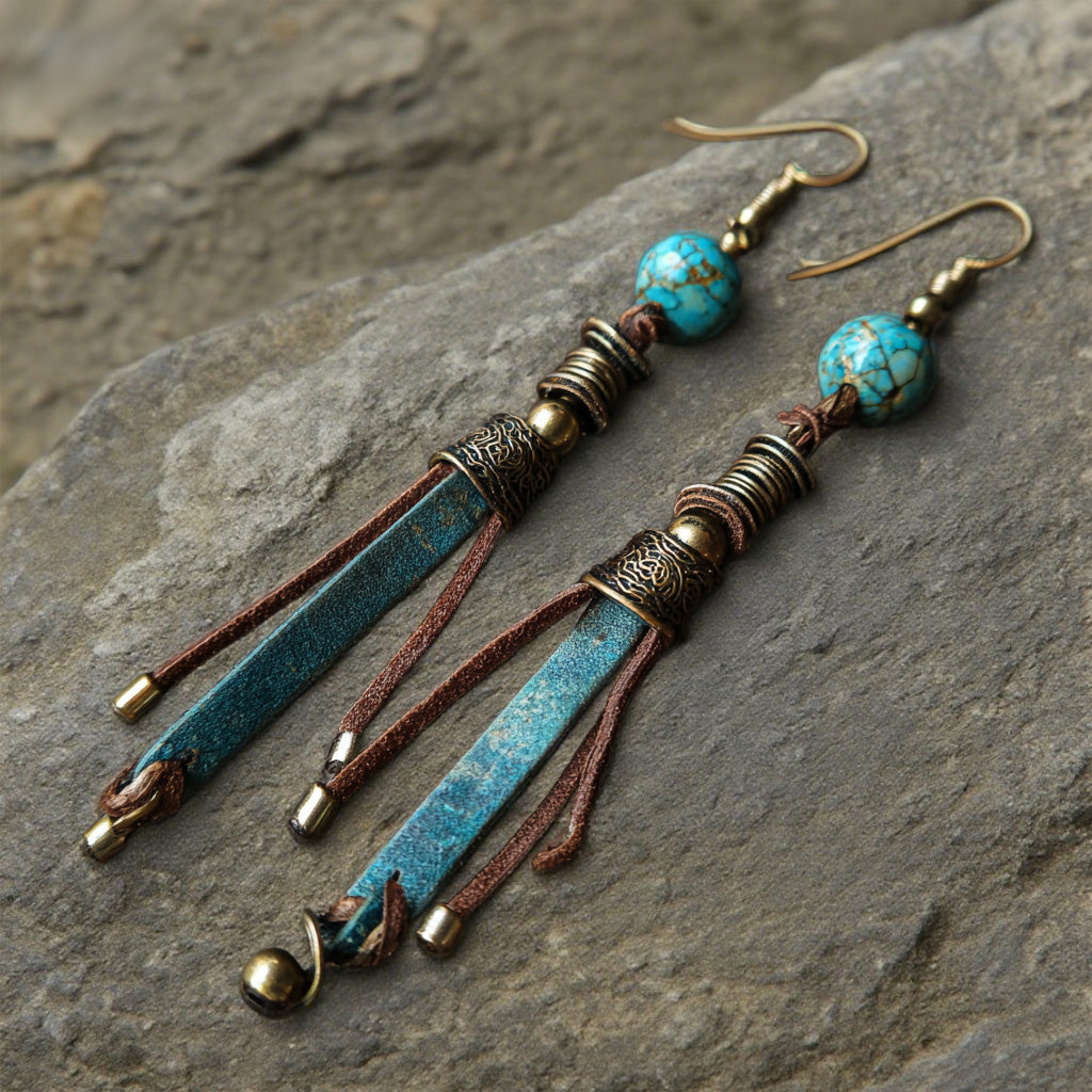 Bohemian Turquoise Leather Tassel Earrings