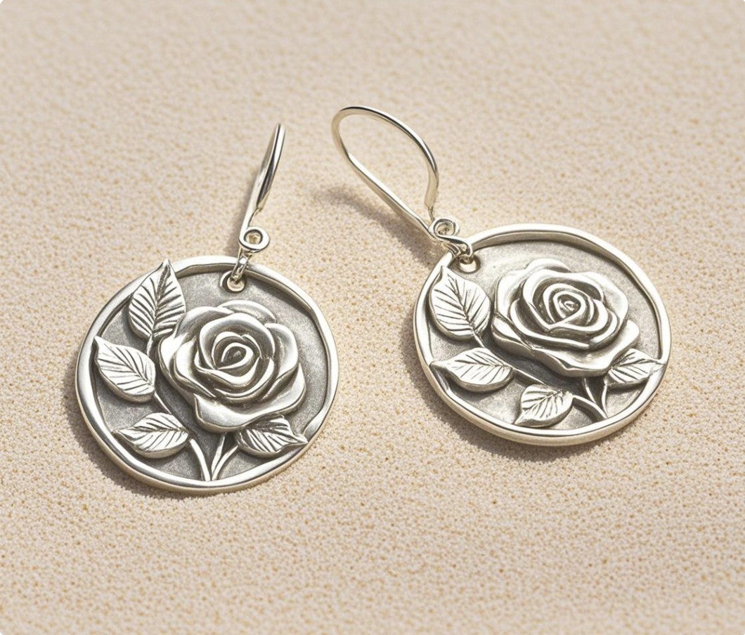 Vintage Rose Medallion Earrings – Antique Silver Floral Drop Earrings
