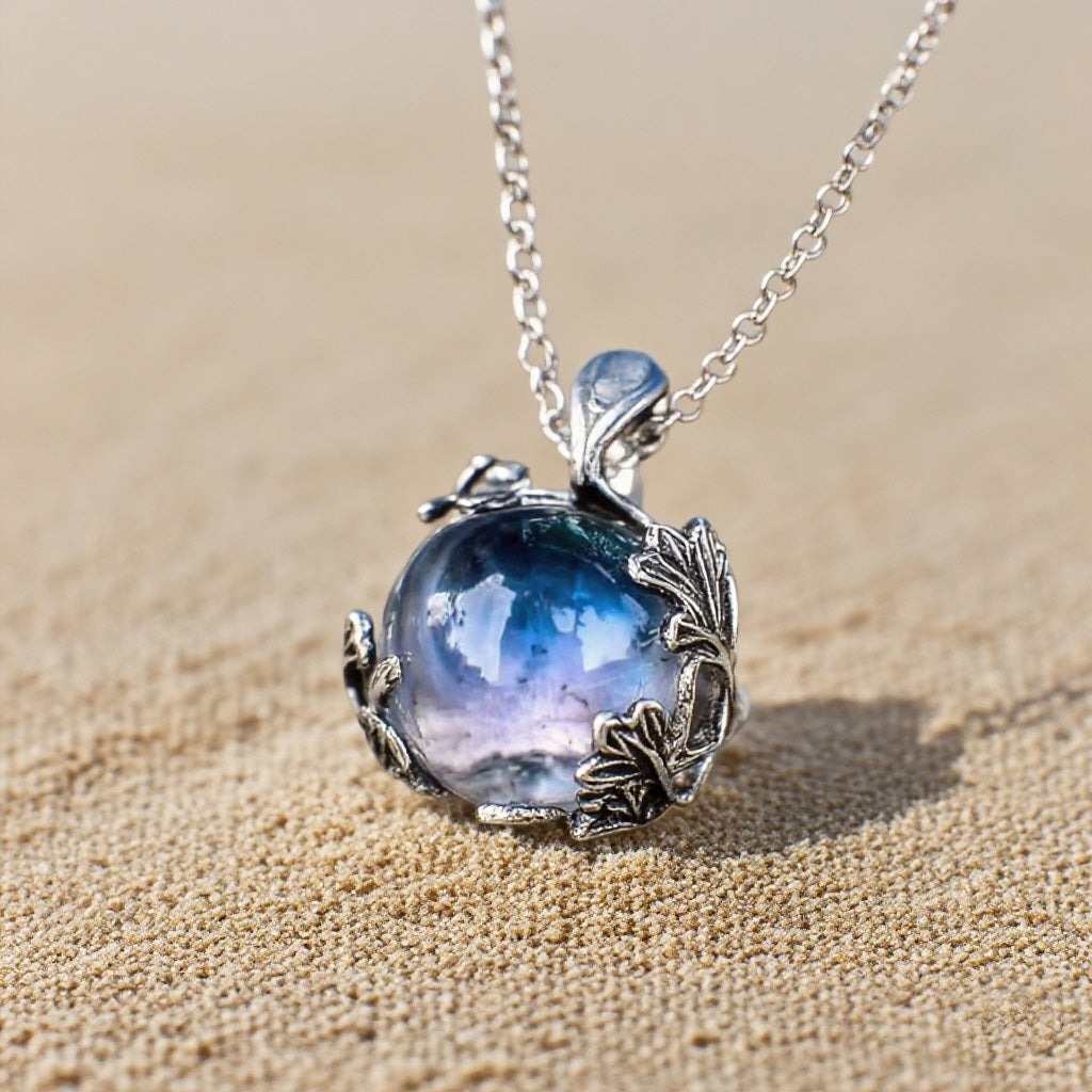 Vintage Leaf Wrapped Galaxy Glass Orb Pendant Necklace for Women – Handmade Silver-Tone Chain Jewelry