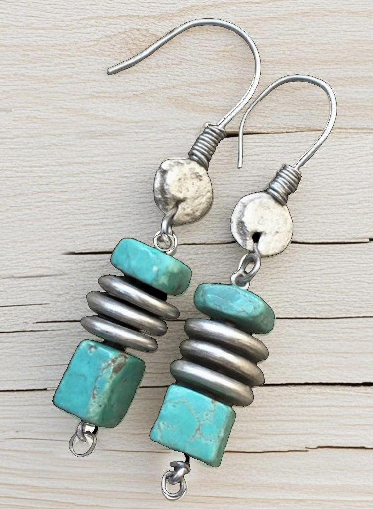 Rustic Turquoise & Metal Spacer Earrings – Handmade Boho Tribal Drop Jewelry