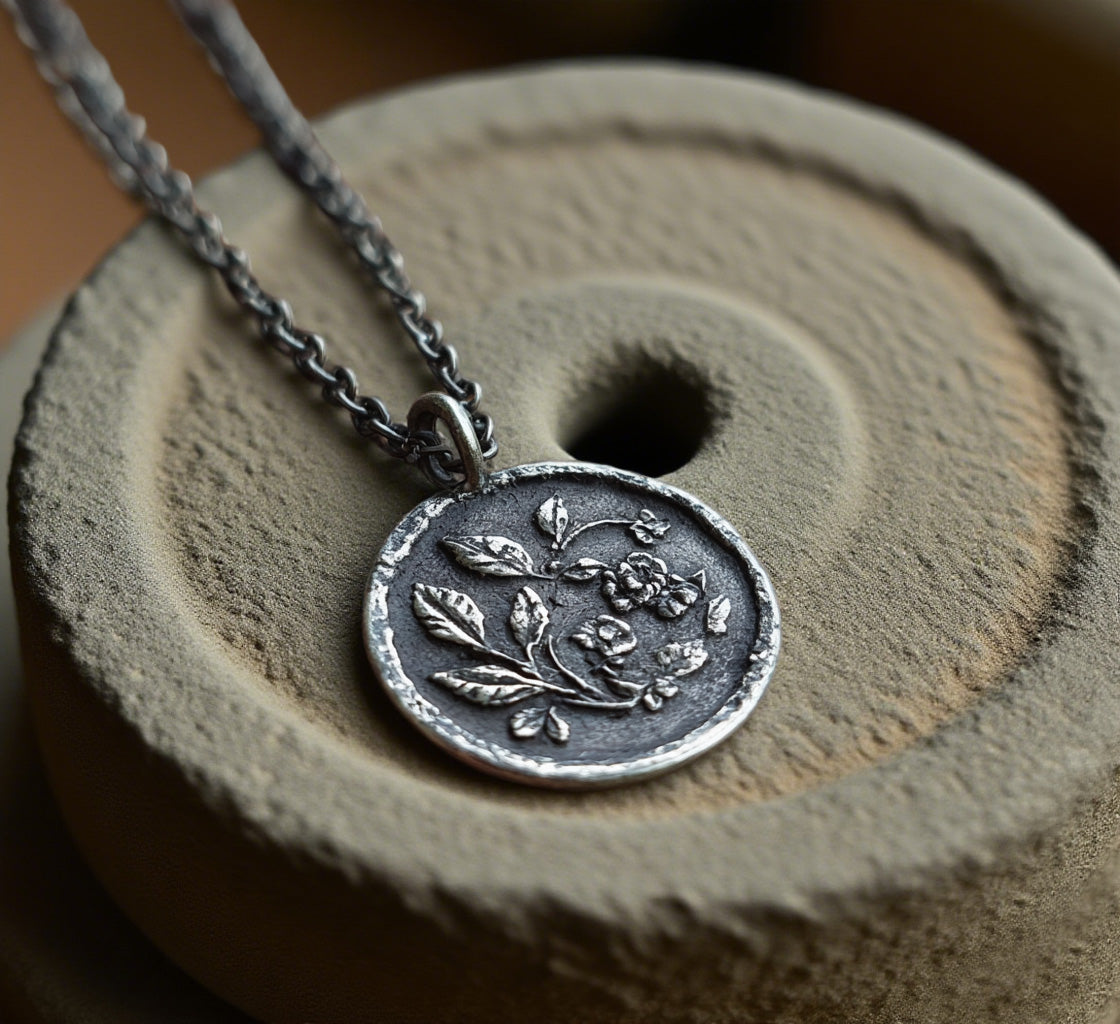 Vintage Floral Wax Seal Pendant Necklace – Antique Silver Round Medallion with Botanical Relief Design
