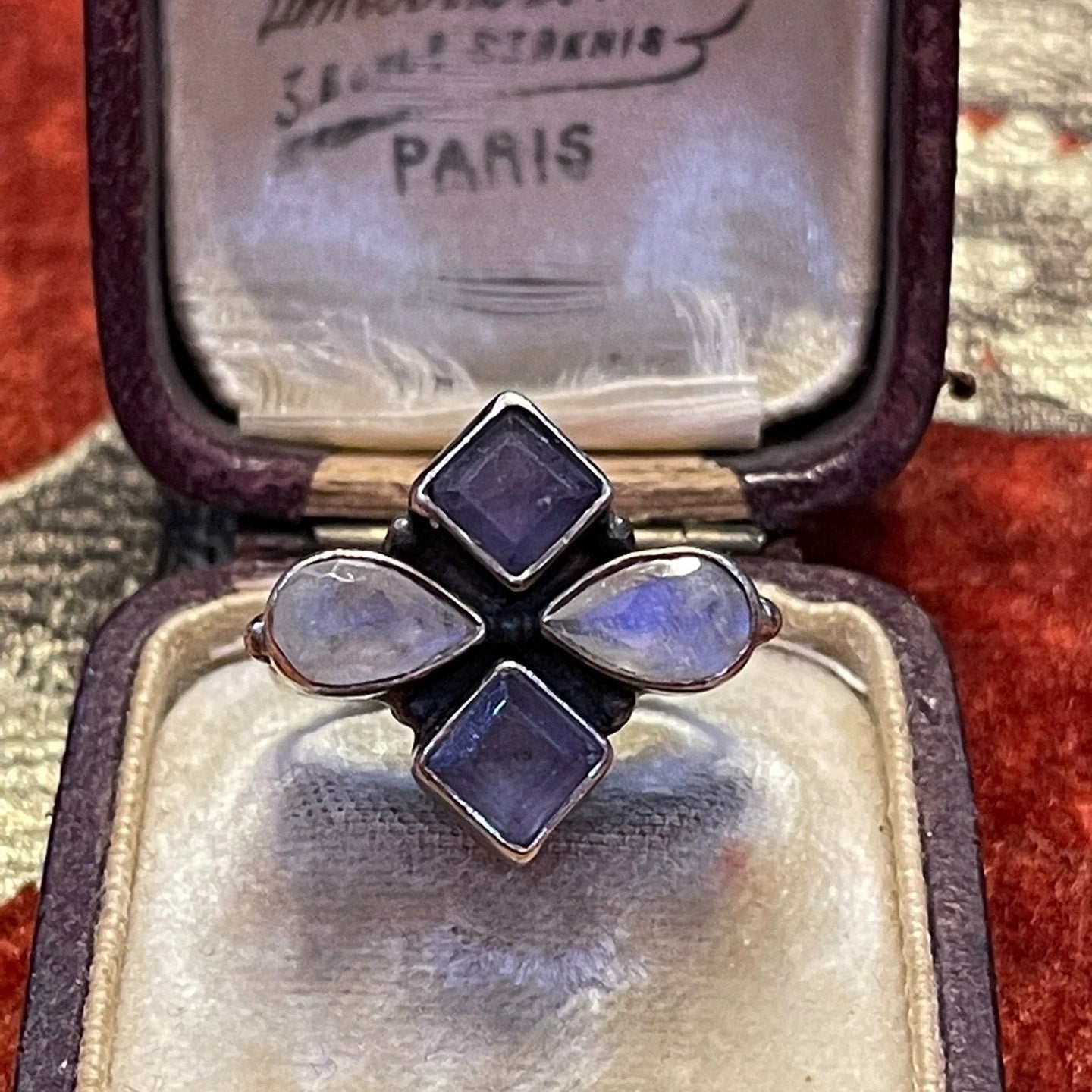 Vintage Moonstone & Amethyst Floral Ring – Sterling Silver Gothic Revival Statement Jewelry
