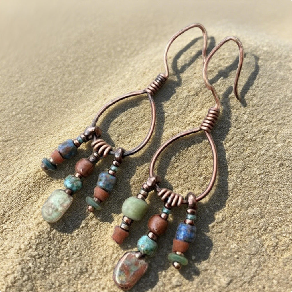 Rustic Copper Teardrop Earrings with Natural Stone Beads