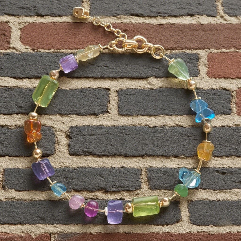 Rainbow Gemstone Beaded Bracelet – Multicolor Natural Stones with Gold Accents, Adjustable Chain