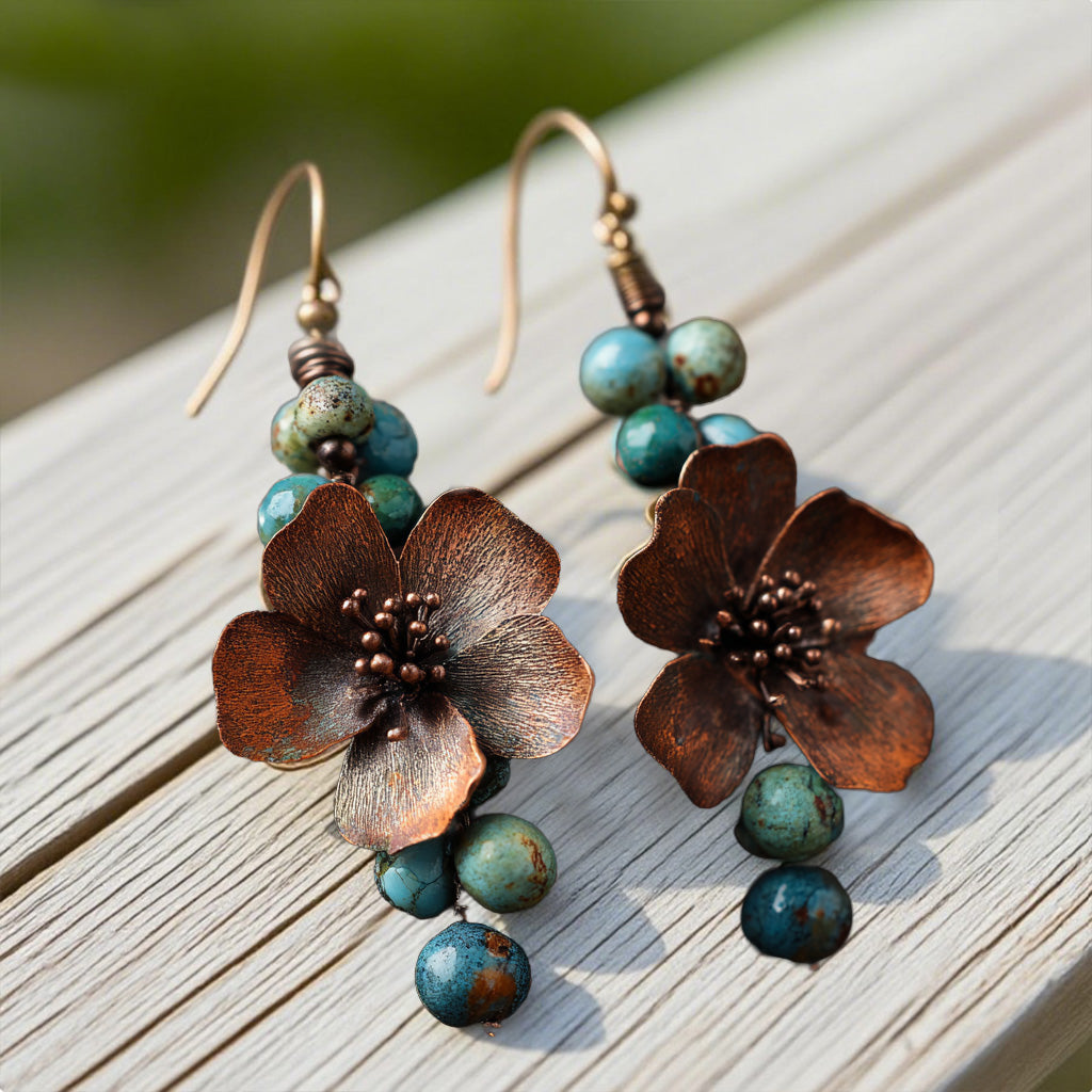 Rustic Copper Flower Earrings with Turquoise Bead Accents