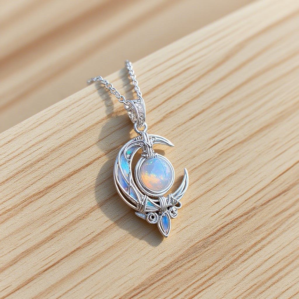 Mystic Moon Pendant Necklace with Opal Stone – Silver Celestial Jewelry for Boho & Fantasy Lovers