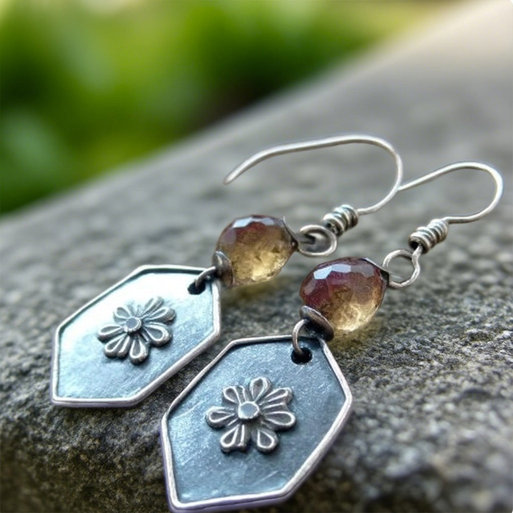 Vintage Daisy Shield Earrings – Hexagon Floral Drops with Faceted Crystal Beads