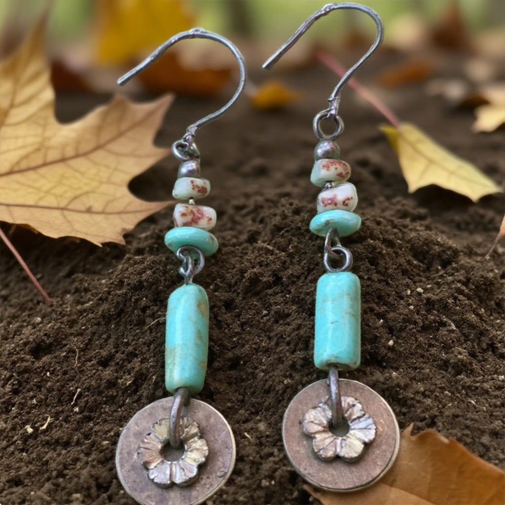 Earrings With Turquoise Beads And Rustic Floral Disc