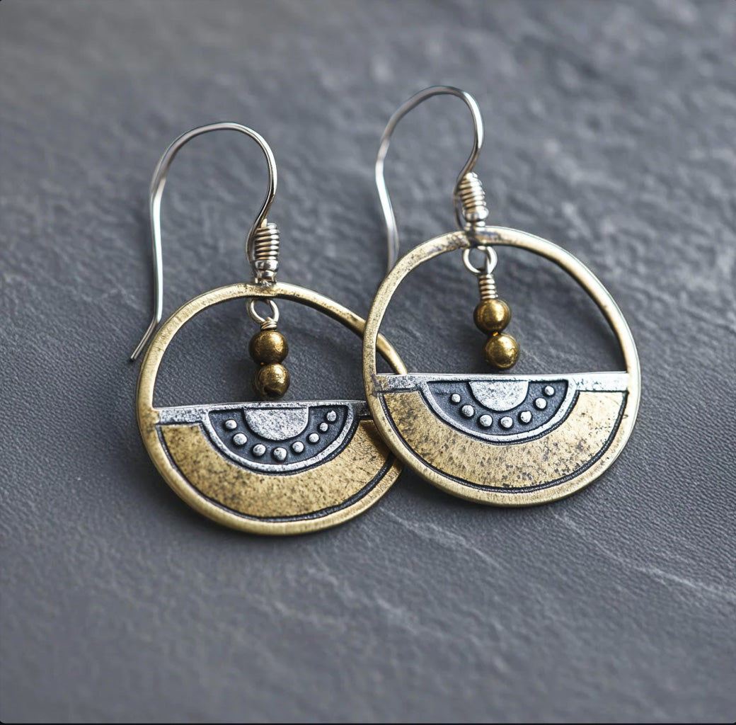 Boho Tribal Circle Earrings – Mixed Metal Geometric Dangle Earrings with Brass Beads