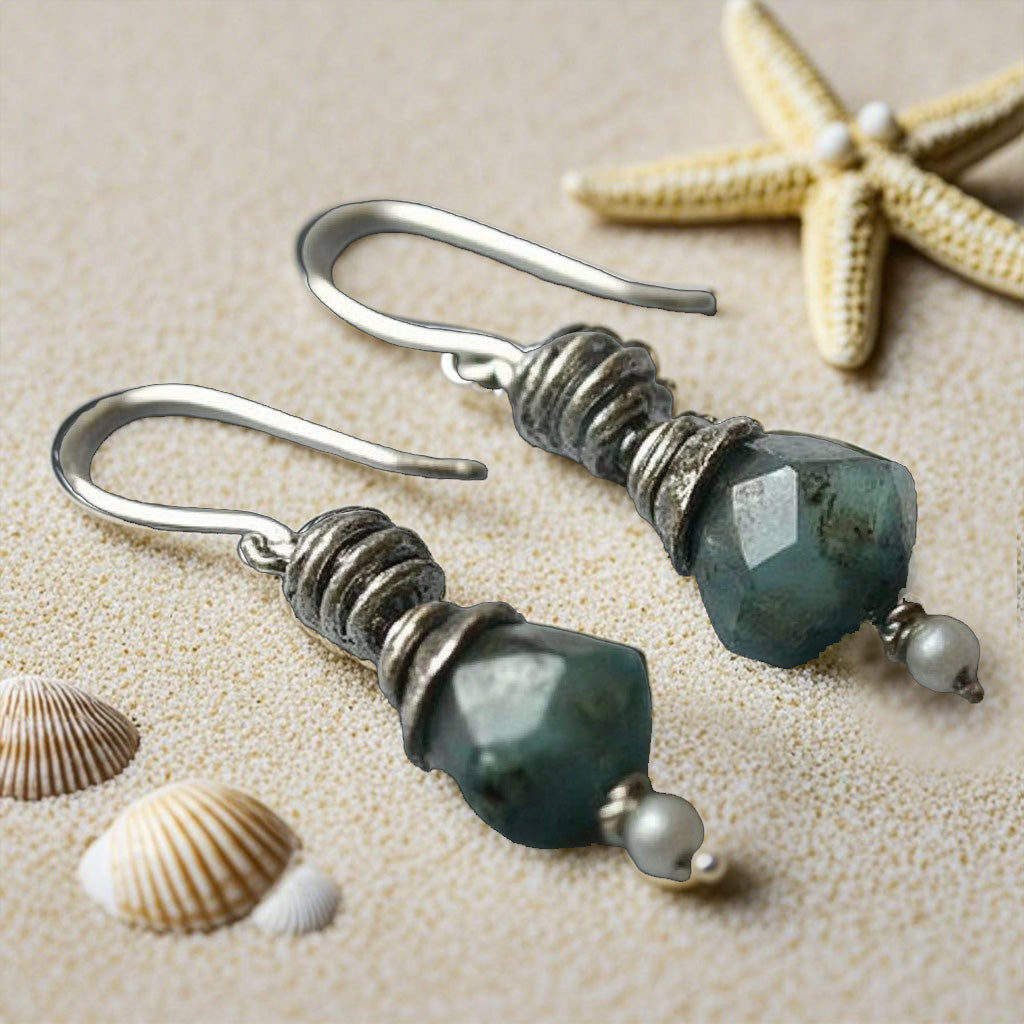Boho Ocean-Inspired Drop Earrings – Raw Green Gemstone with Antique Silver Accents